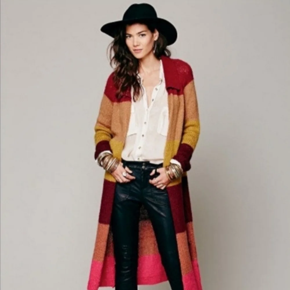 Free People Over the Rainbow Color Block Mohair Cardigan Sweater Duster